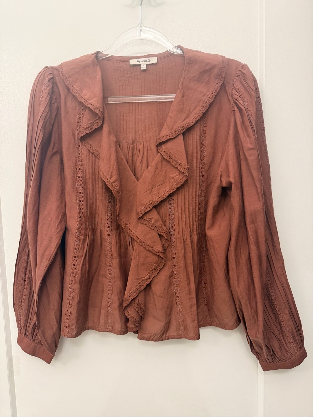 NWOT Madewell Lace-Insert Ruffled Pintuck Long-Sleeve Top